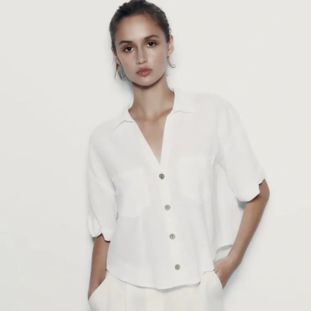 NEW ZARA button down linen blend crop shirt - Picture 2 of 6